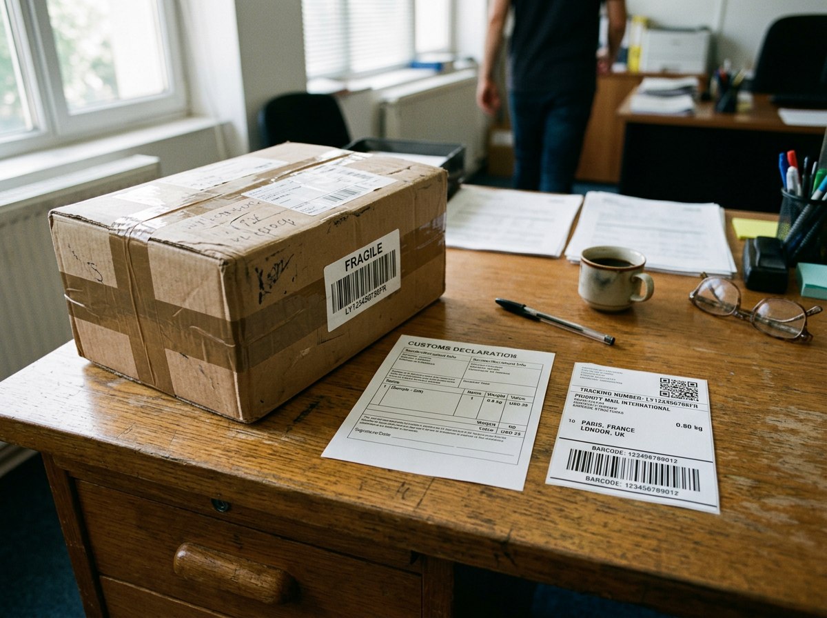 Parcel with a customs declaration form and tracking label