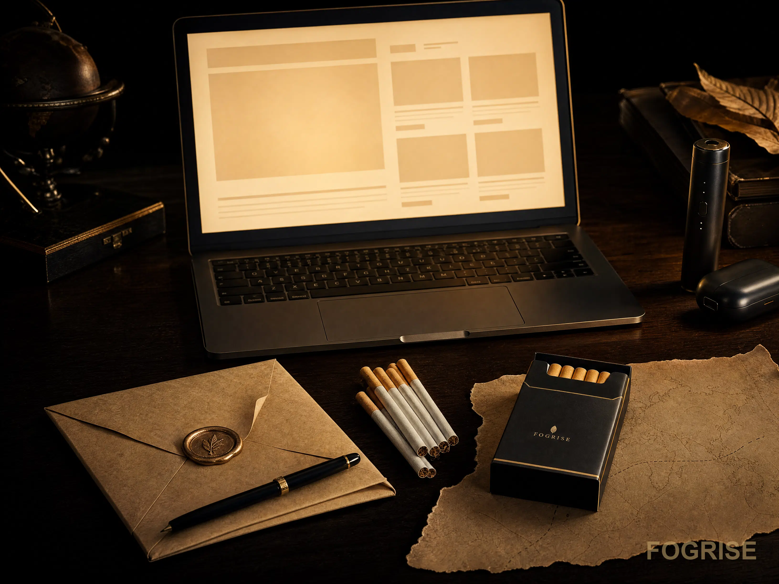 Premium dark desk at night with a slim laptop, plain envelope with bronze wax seal, fountain pen, generic cigarette pack and a faint world-map fragment