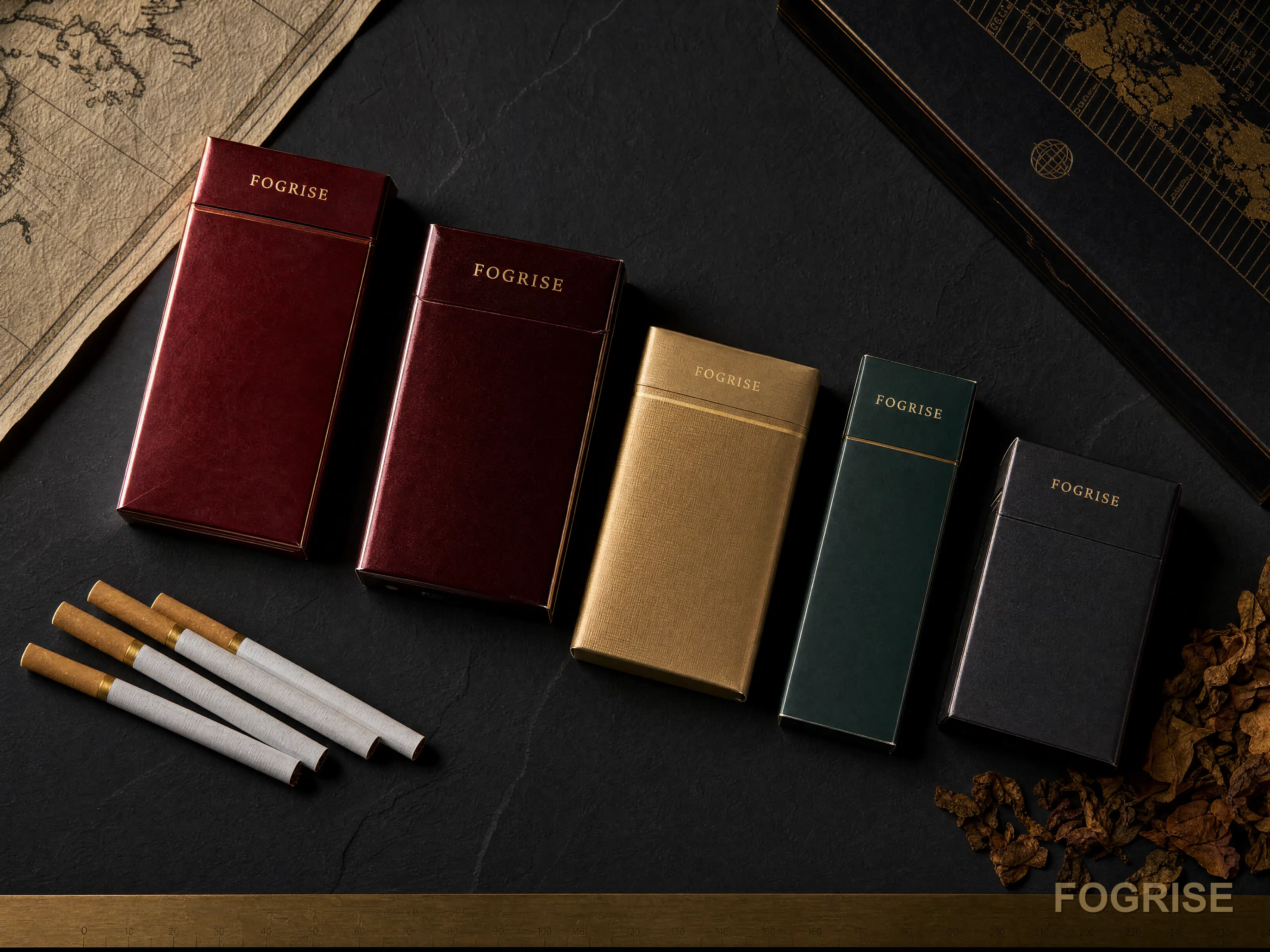Editorial flat-lay of five generic unbranded xiangyandd cigarette packs on dark slate with rice paper and tobacco leaves