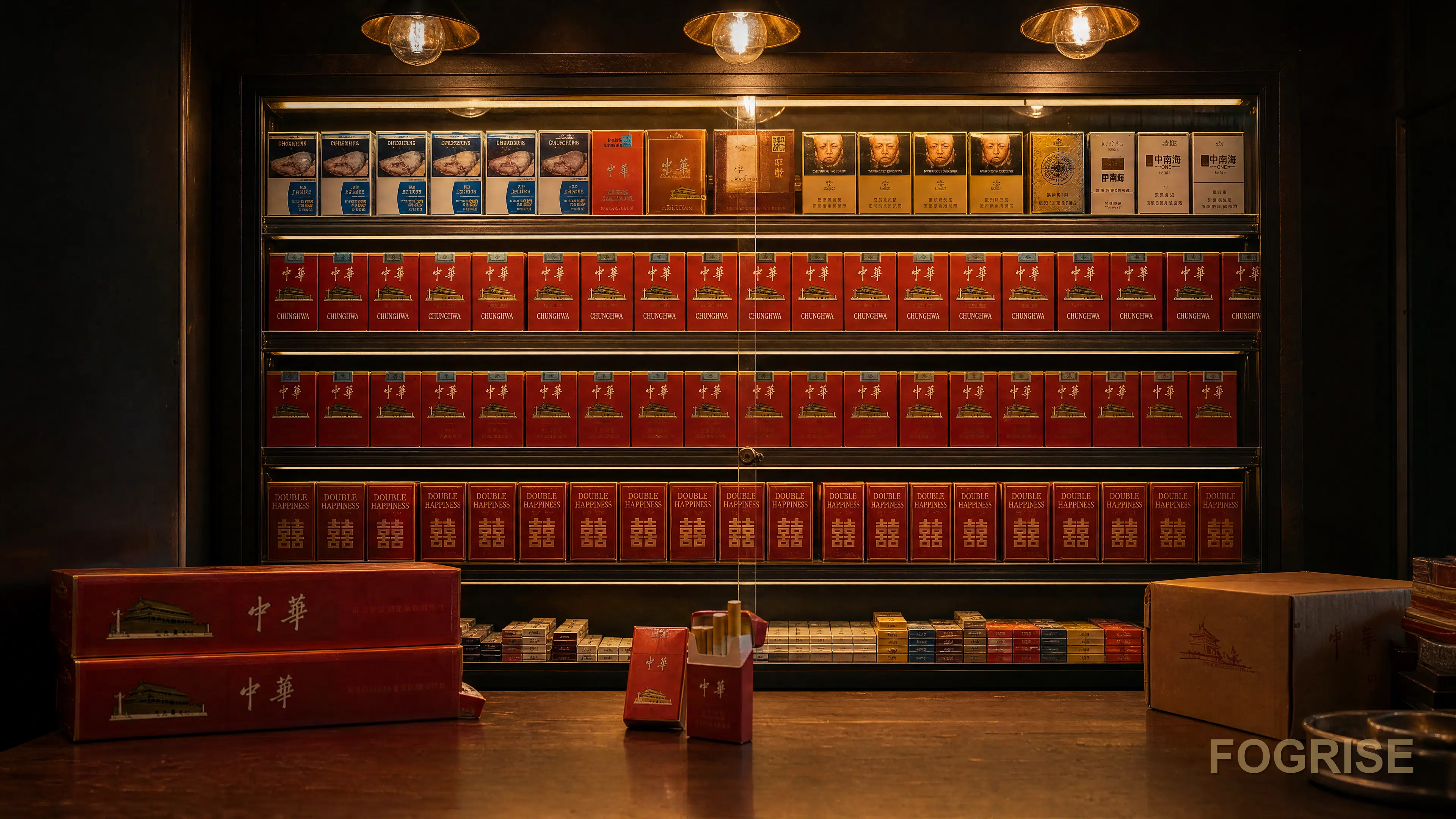 Malaysian Chinese provision shop kedai runcit interior with licensed cigarette display cabinet holding authentic Chunghwa and Double Happiness packs
