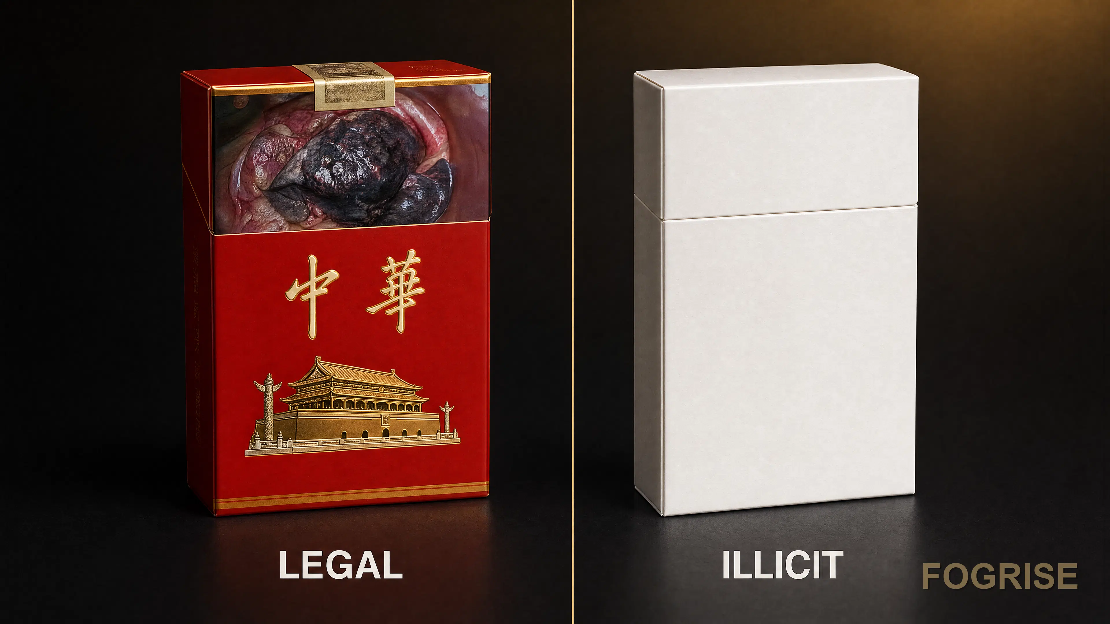 Legal duty-paid Chunghwa pack with Malaysia ODS customs stamp beside a generic illicit cheap-white cigarette pack authenticity comparison