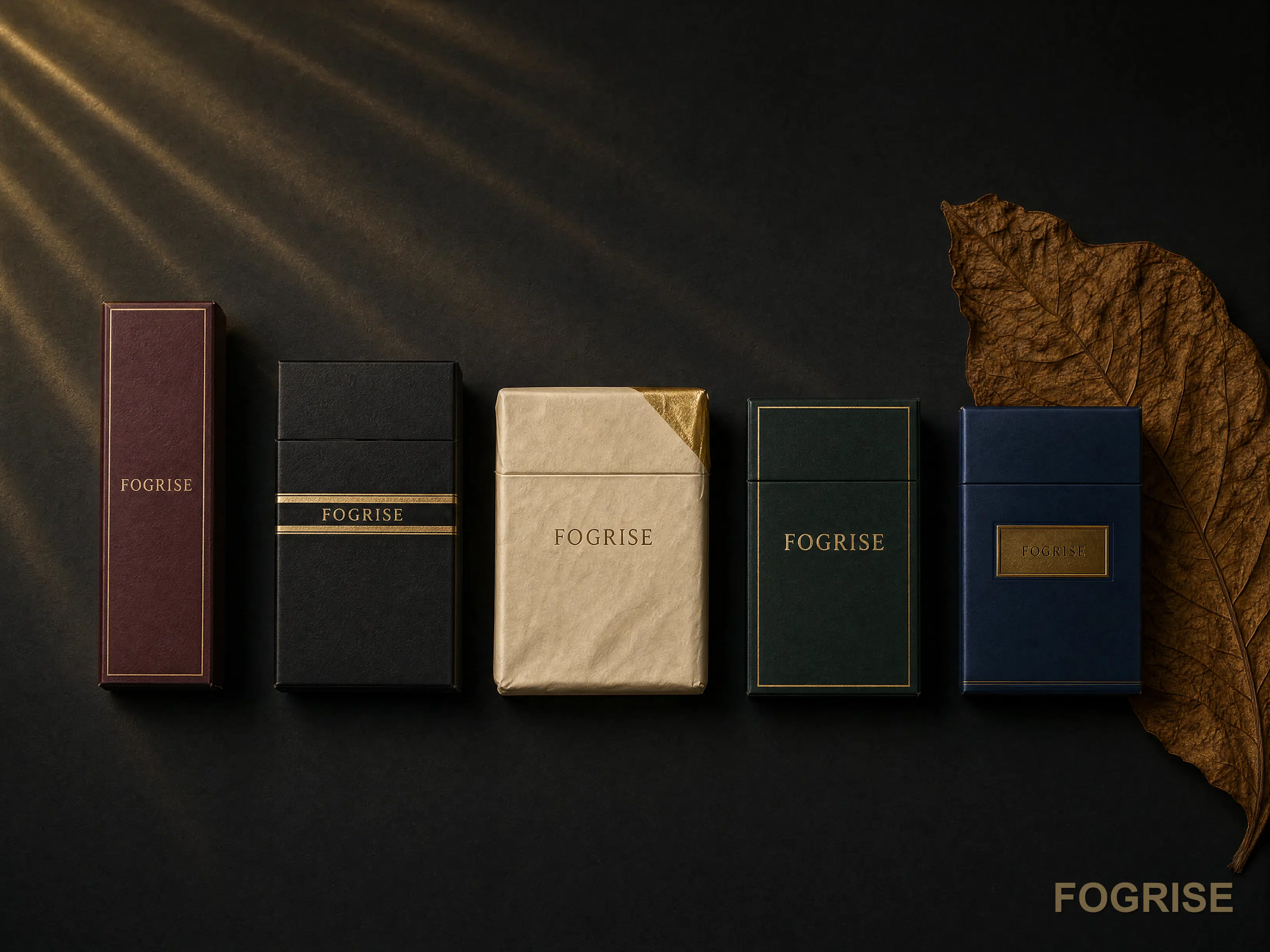 Overhead flat-lay of five generic unbranded cigarette packs in varied formats on a dark editorial surface with gold accents