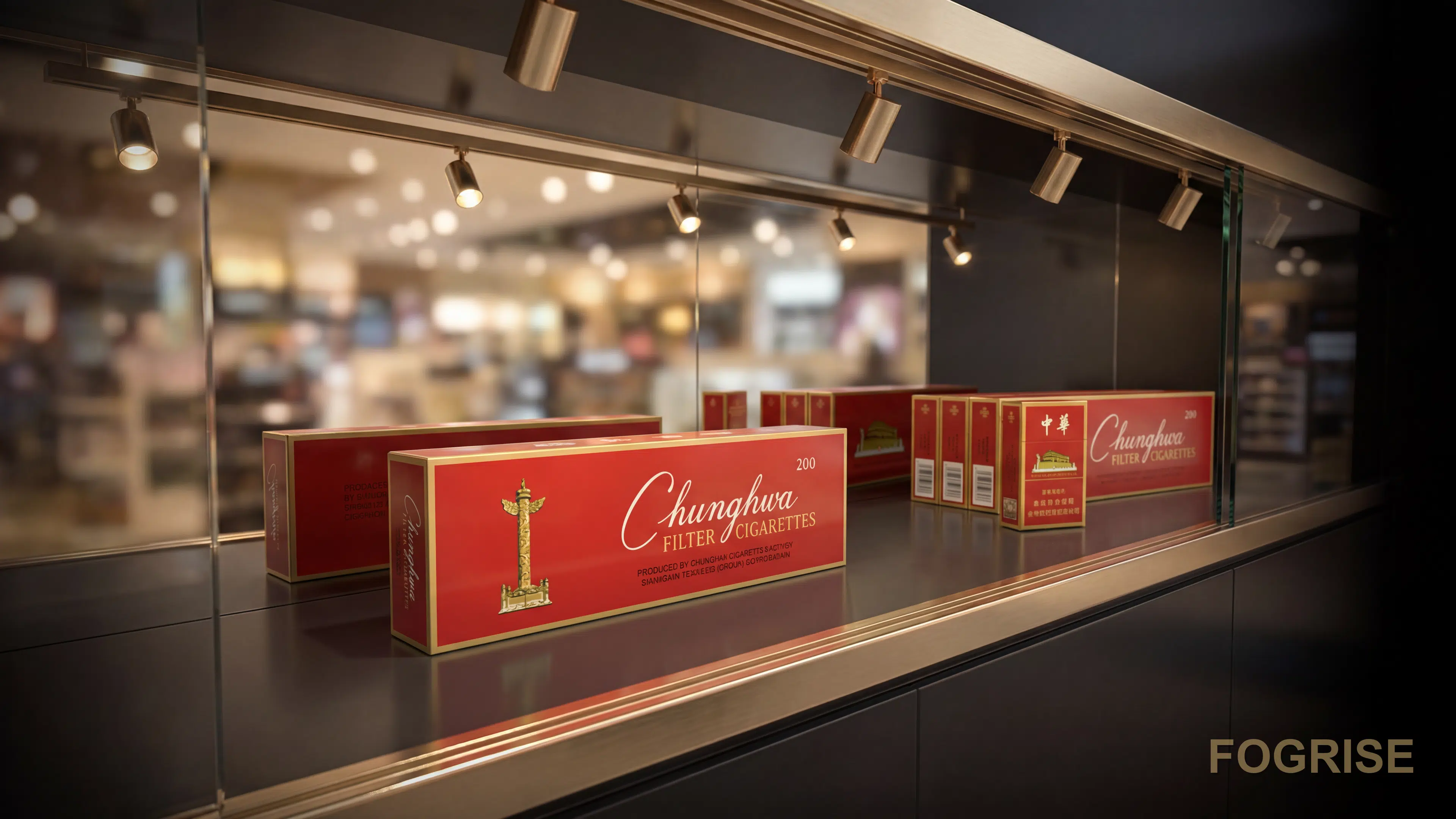A real Chunghwa cigarette pack, Real international airport duty-free tobacco counter, shot from a buyer's eye-level three-qu