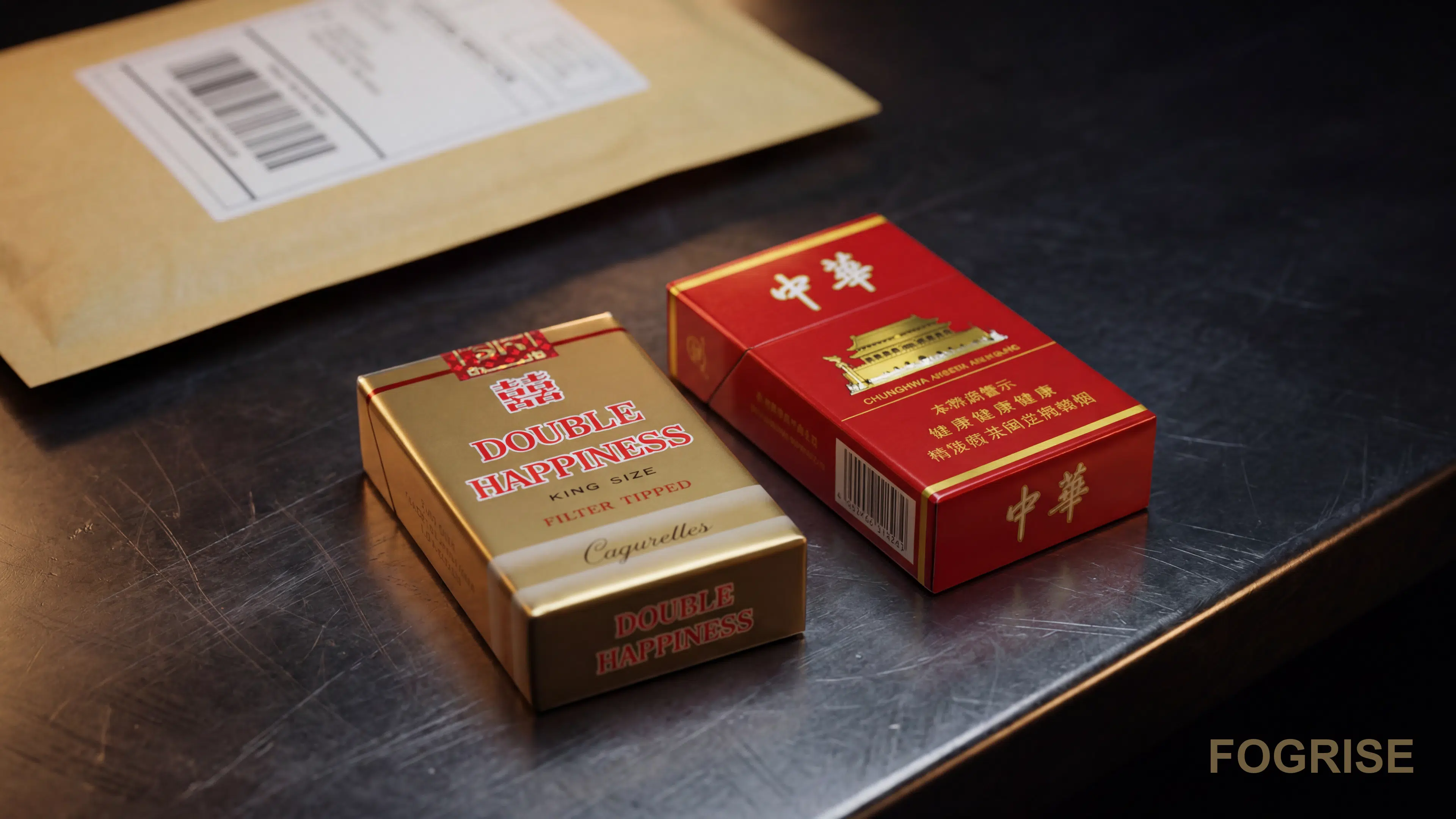 Chinese cigarettes customs inspection Europe, real Chunghwa and Double Happiness packs on inspection surface, dark editorial