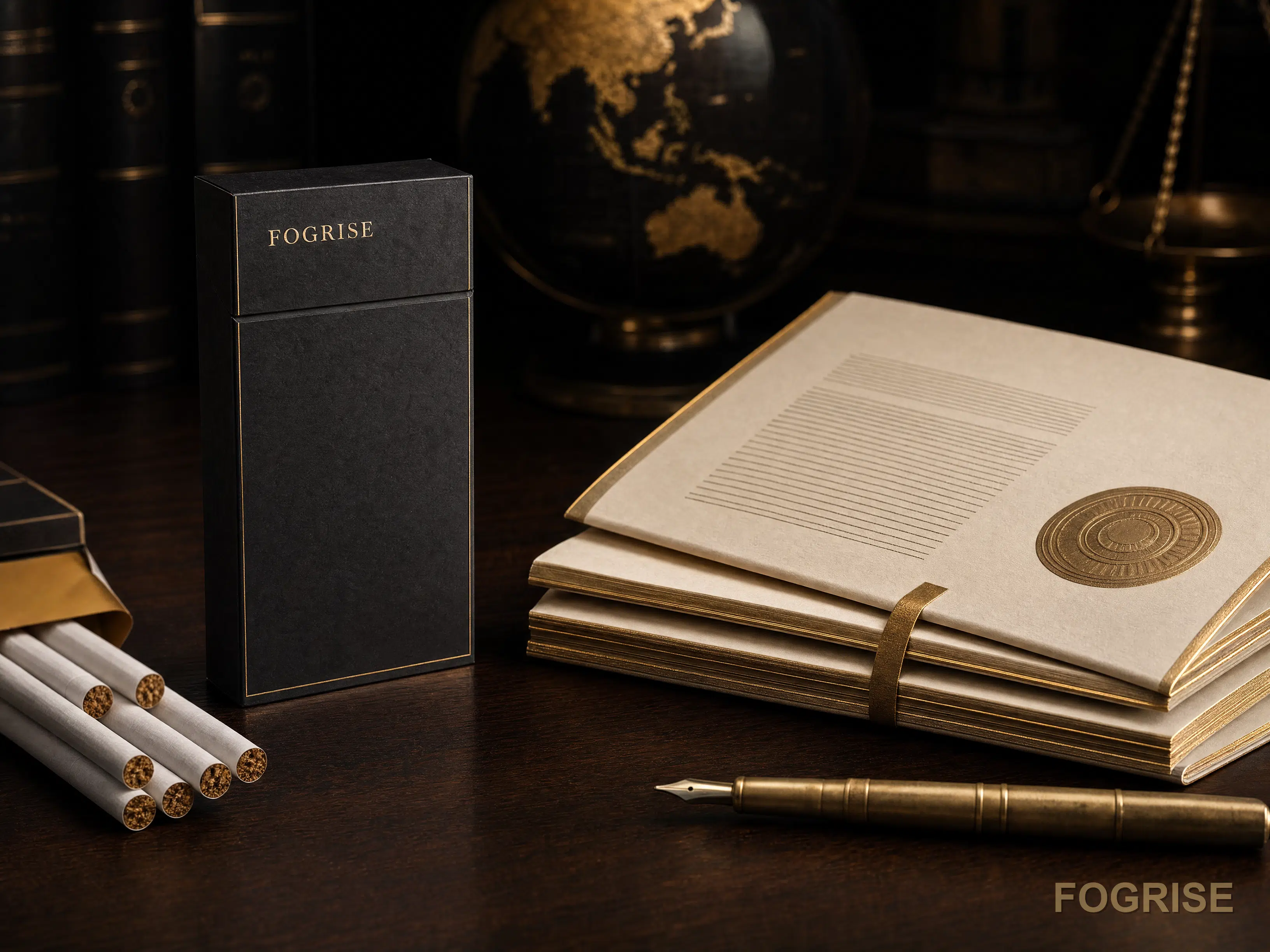 Generic xiangyandd cigarette pack beside folded legal documents tied with bronze ribbon on dark walnut desk