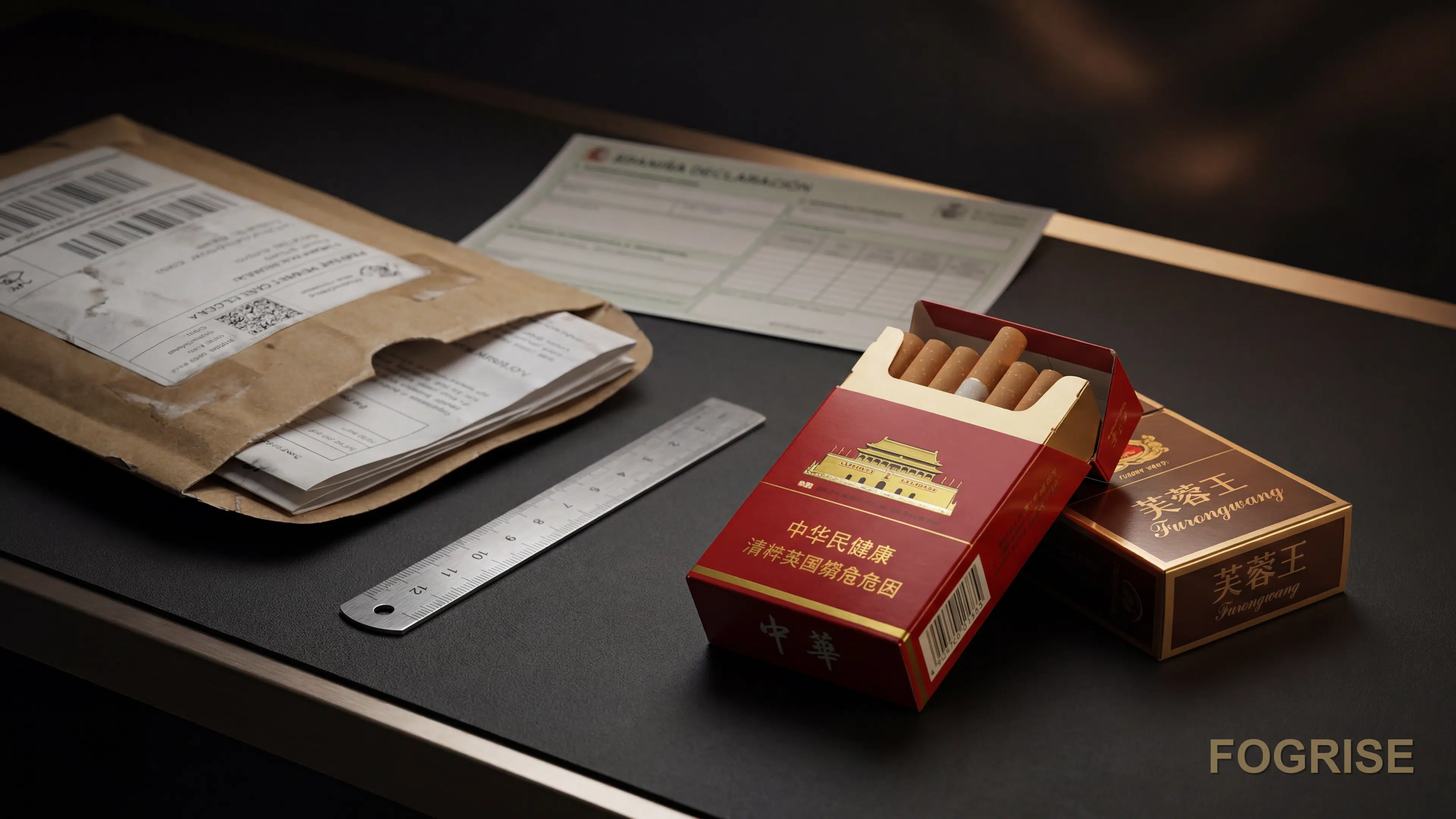 Real Chinese cigarette packs on a customs inspection surface beside an opened postal parcel, dark editorial lighting