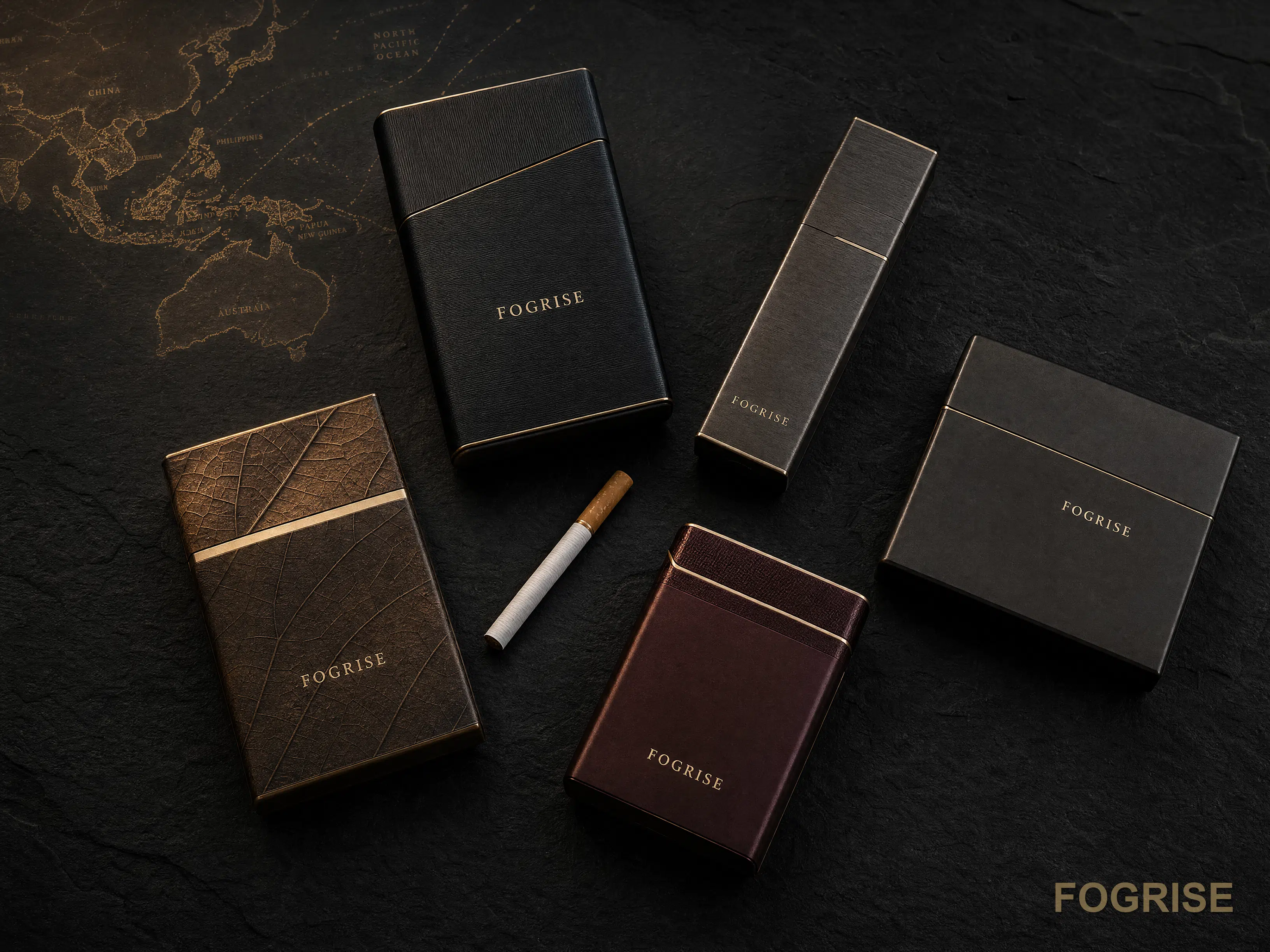 Five generic unbranded cigarette packs in varied premium dark finishes arranged as an editorial flat-lay on charcoal backdrop with subtle Asia-Pacific map motif.