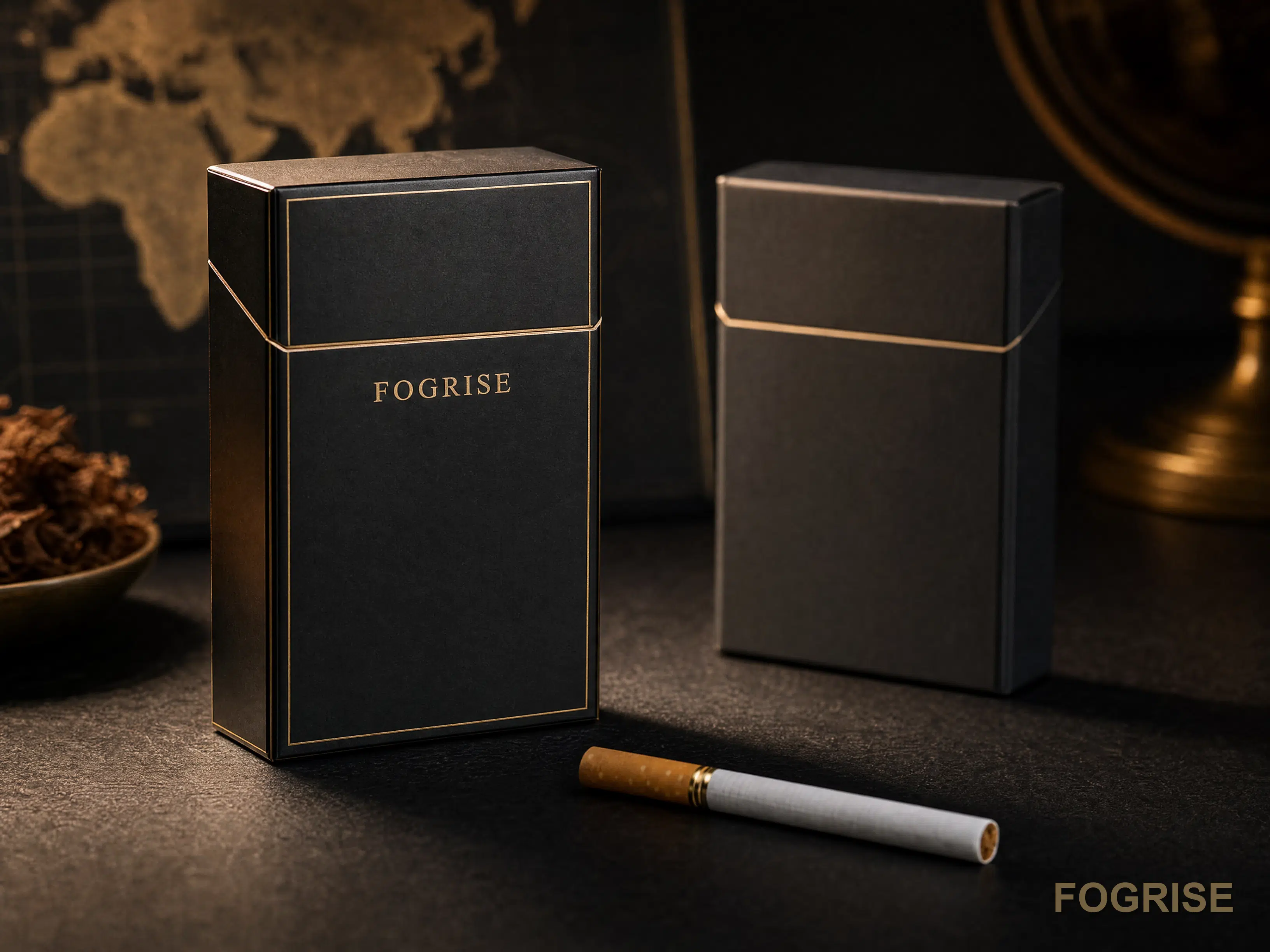 Two generic dark cigarette packs side by side on charcoal editorial backdrop, one crisp xiangyandd reference pack in sharp focus, one softly defocused unmarked pack beside it.