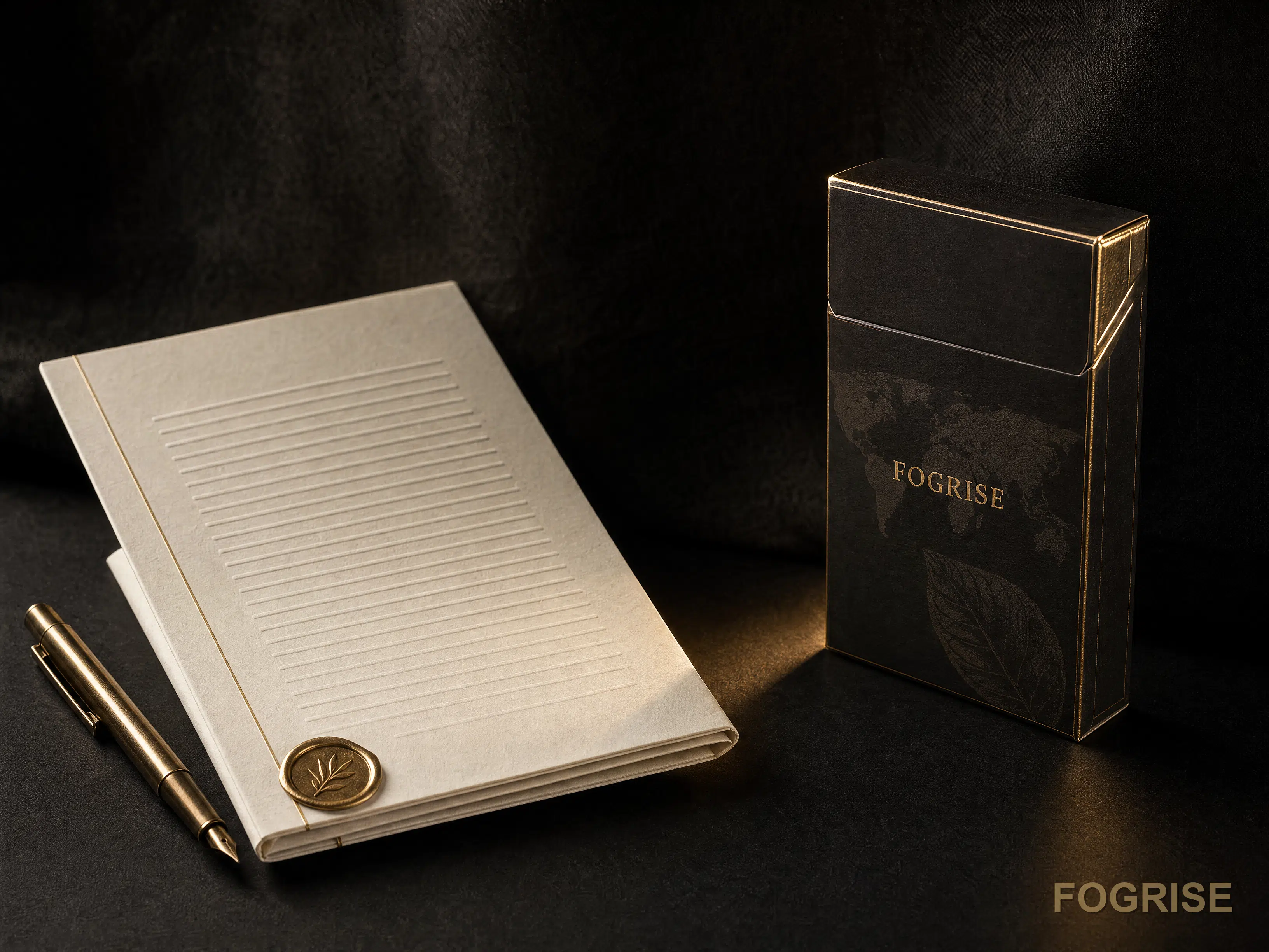 Generic xiangyandd dark cigarette pack beside an abstract embossed legal document with gold ribbon keyline and bronze pen on charcoal editorial backdrop.