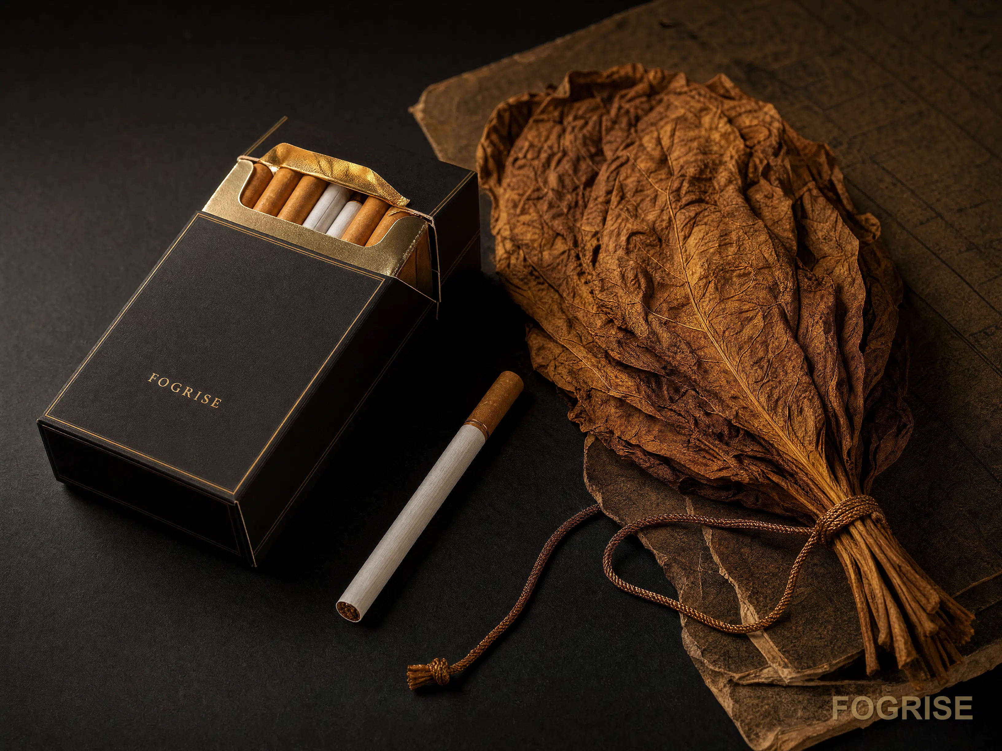 Generic unbranded cigarette pack open beside cured Yunnan-style tobacco leaves on a dark editorial surface