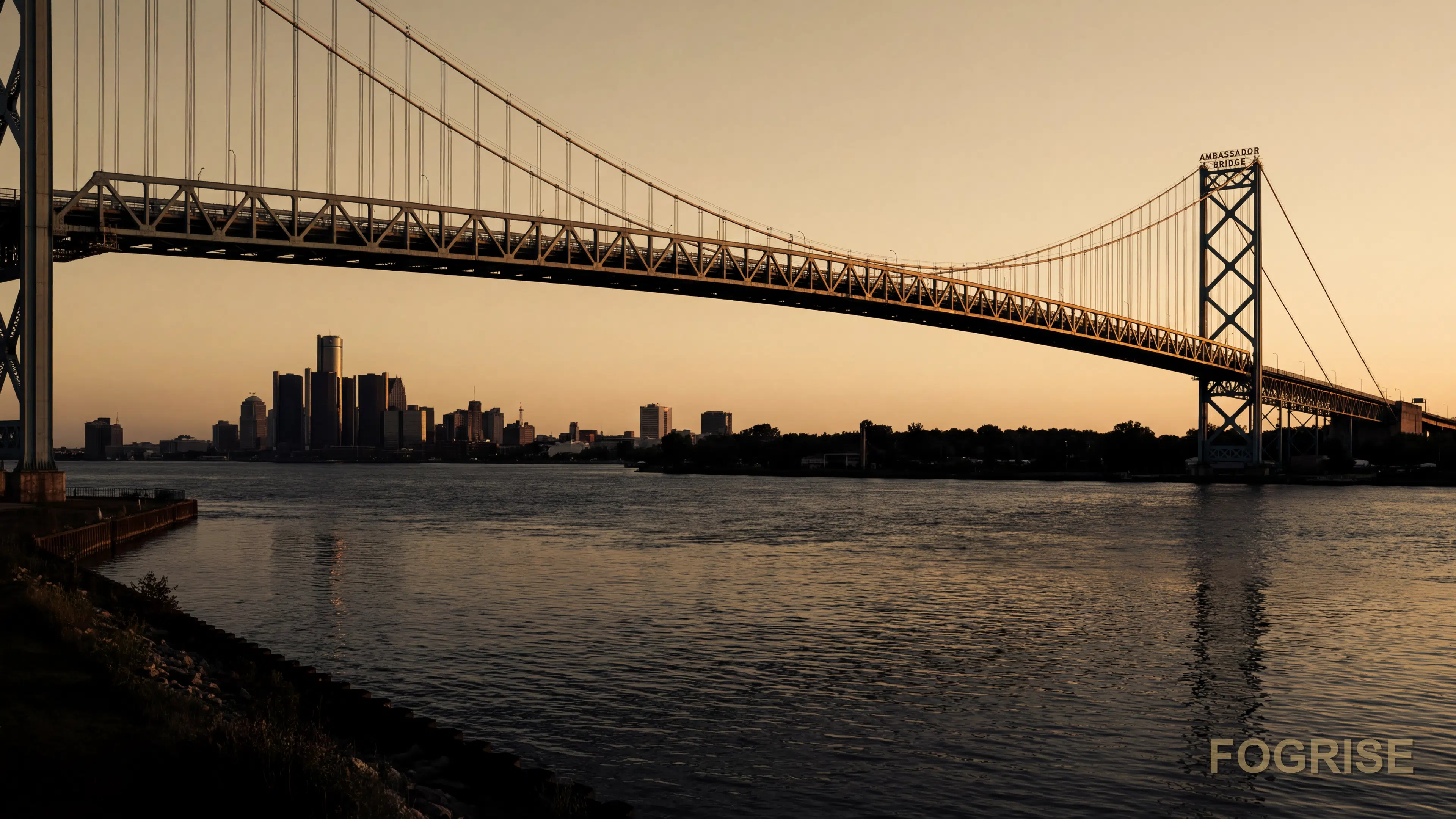 A real Ambassador Bridge (Windsor-Detroit landmark, no product depicted) cigarette pack, Real editorial landmark photograph