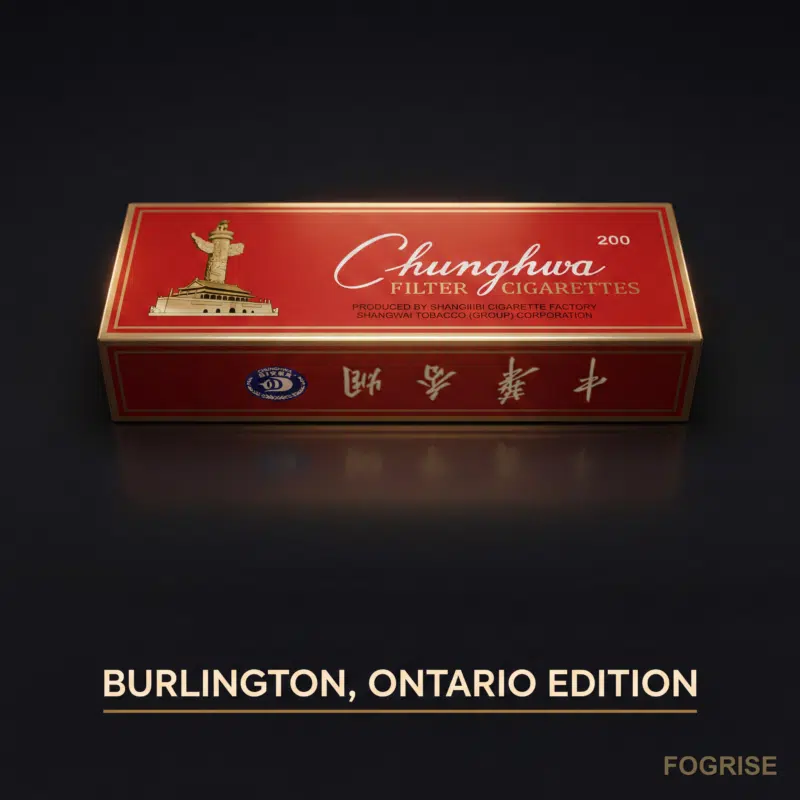 A real Chunghwa cigarette pack, dark editorial tabletop still-life of a single genuine Chunghwa (中华) hard pack front-facing,