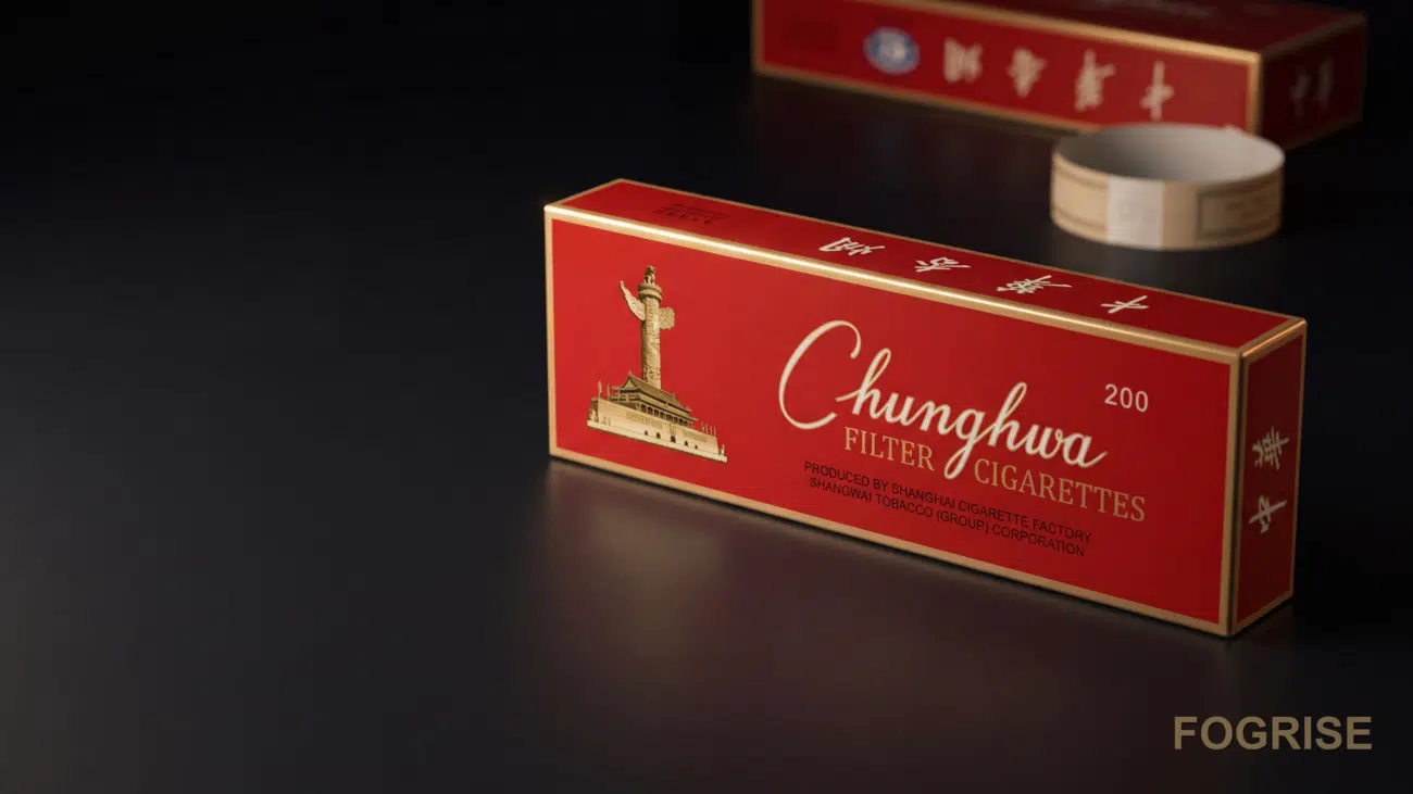 A real Chunghwa cigarette pack, Dark editorial tabletop still-life. A single authentic Chunghwa (中华) hard pack sits slightly