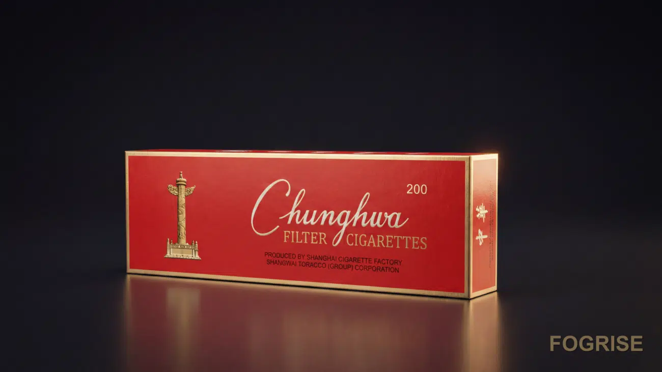 A real Chunghwa cigarette pack, Single genuine Chunghwa (中华) hard pack standing upright on a deep charcoal tabletop (#1A1A1C
