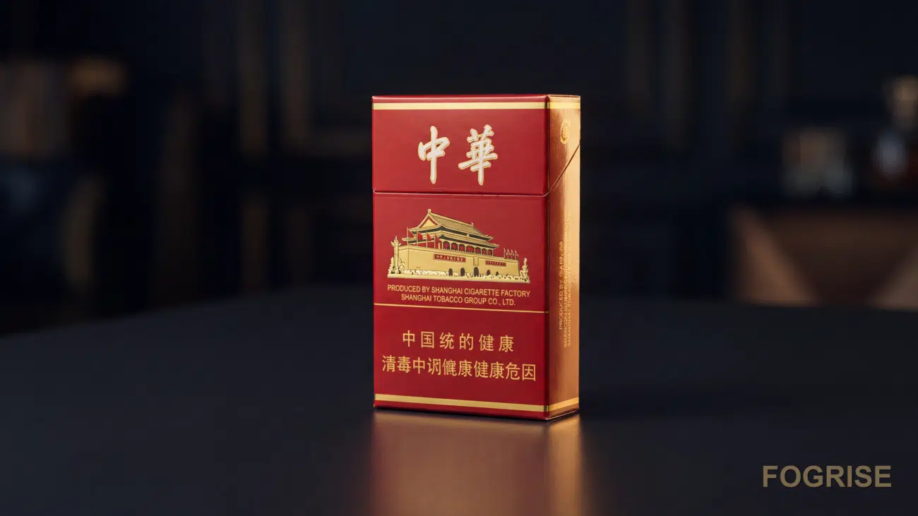 A real Chunghwa (中华) cigarette pack, Dark editorial tabletop still-life. A SINGLE UPRIGHT 20-cigarette hard-pack (NOT a cart
