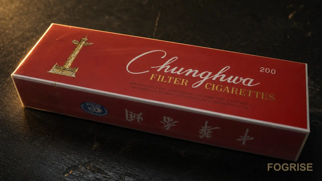 A real Chunghwa cigarette pack, Dark editorial tabletop still-life. A real, unopened Chunghwa (中华) soft-pack lies on a deep