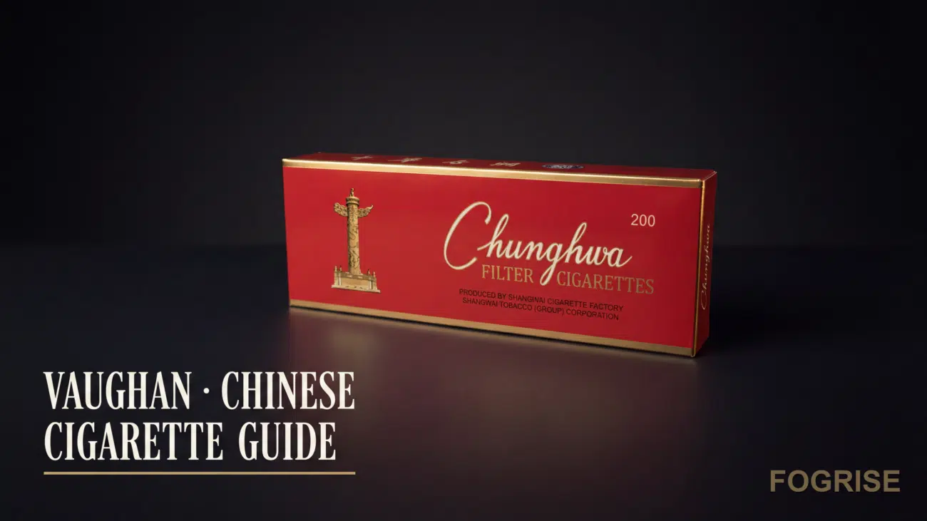 A real Chunghwa cigarette pack, Dark editorial tabletop, single genuine Chunghwa 中华 red-and-gold soft pack standing upright