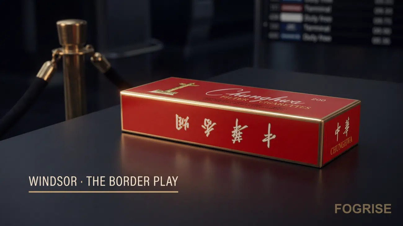 A real Chunghwa (中华) cigarette pack, Real Chunghwa (中华) hard pack on a dark editorial tabletop, deep charcoal (#1A1A1C) back