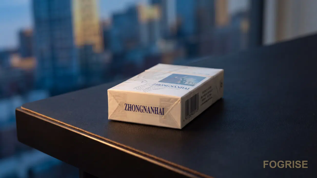 A real Zhongnanhai cigarette pack, Dark editorial tabletop still-life. A single genuine Zhongnanhai (中南海) hard pack sits sli