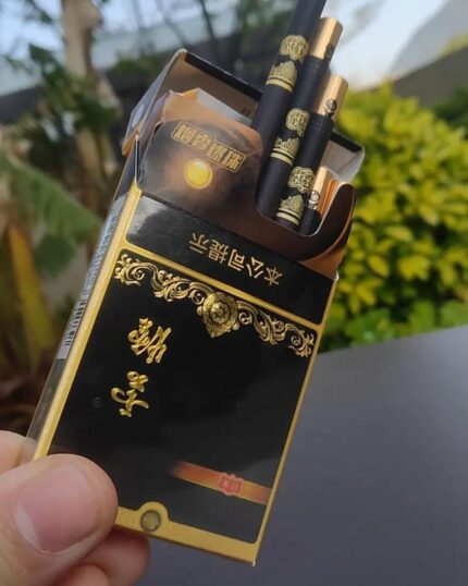Yunyan Liujin Impression Slim cigarette packaging, opened black and gold pack held outdoors with cigarettes visible