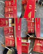 Chunghwa Double Mid-Slim cigarette packaging, collage of open red packs, cigarettes, and cartons