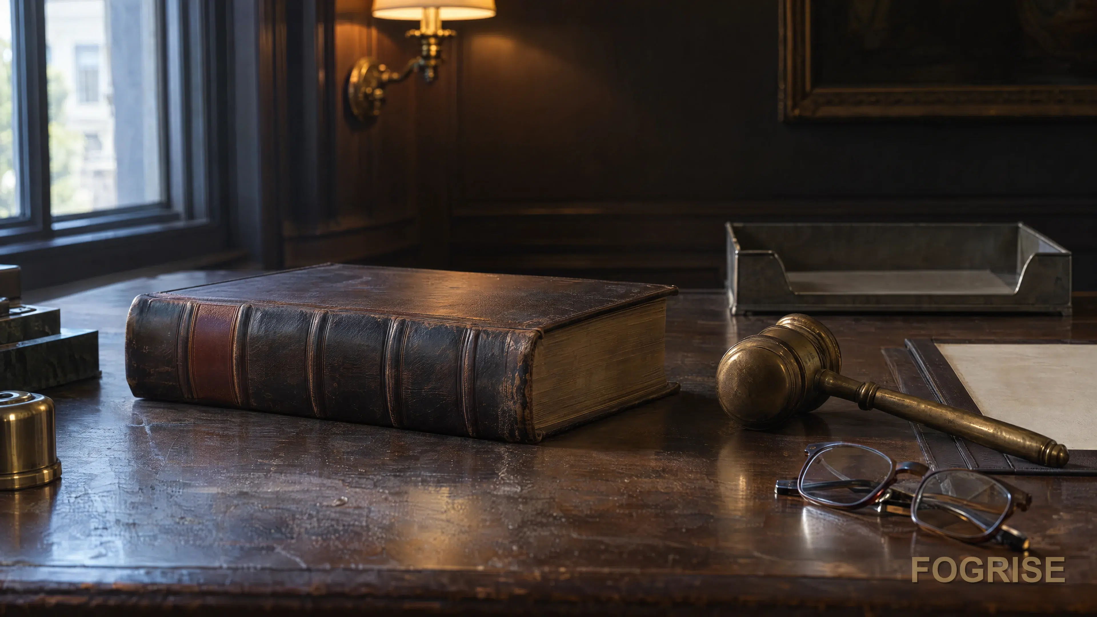 Closed unbranded leather-bound state-code volume with a brass gavel and reading glasses on a state-office desk.
