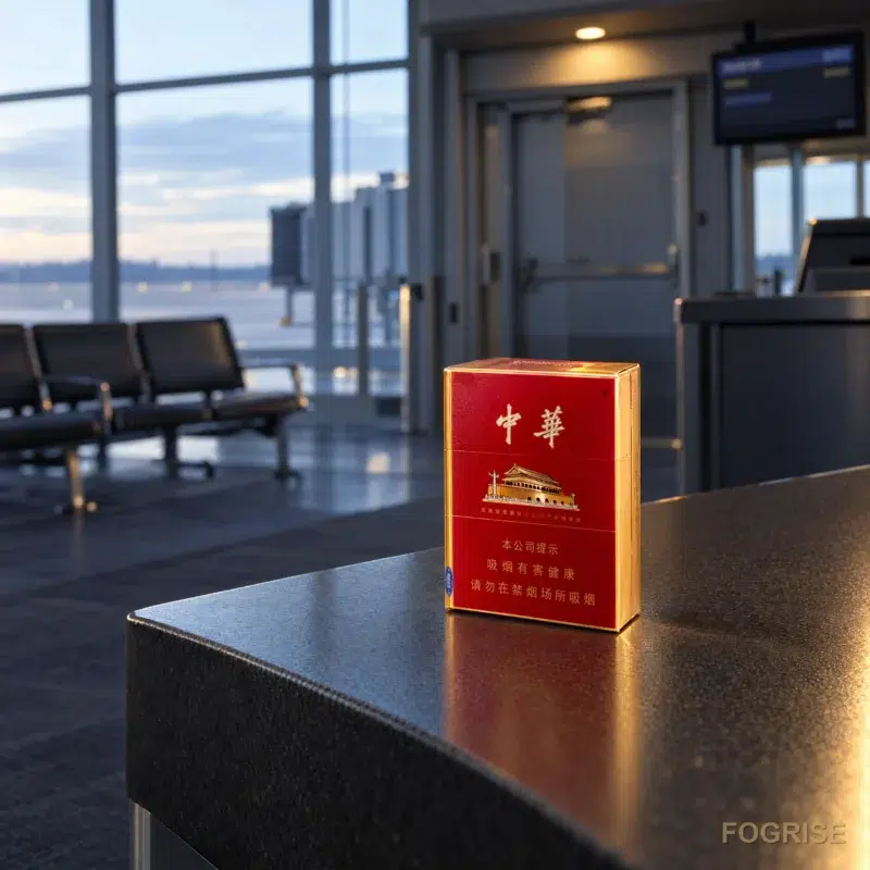 A red hard pack on the counter of an empty domestic airport gate with a closed jetway and no customs or duty-free facilities in sight.