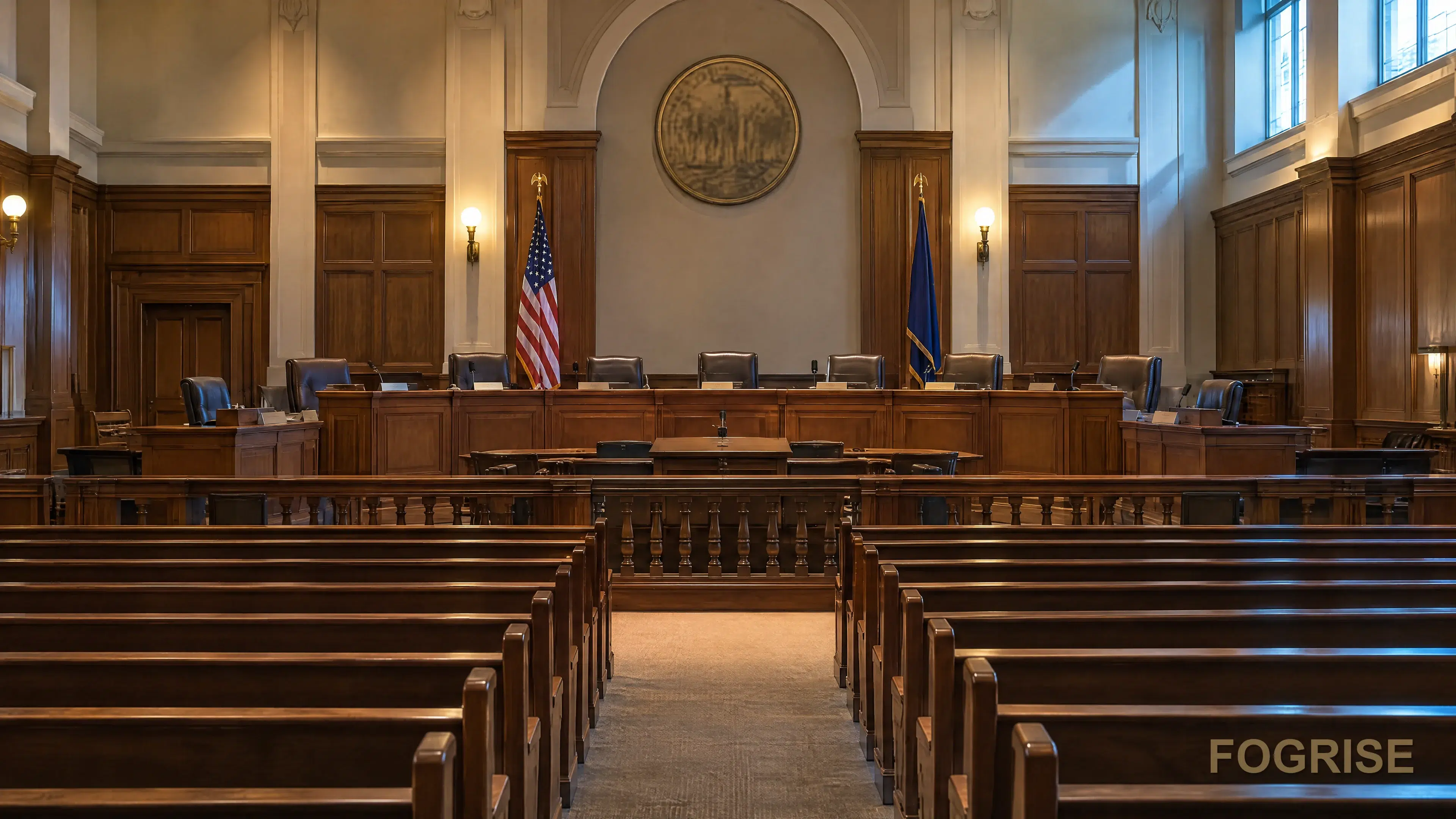 Empty tiered wooden city-council chamber viewed from the gallery, seal medallion soft-focus above an unoccupied dais.