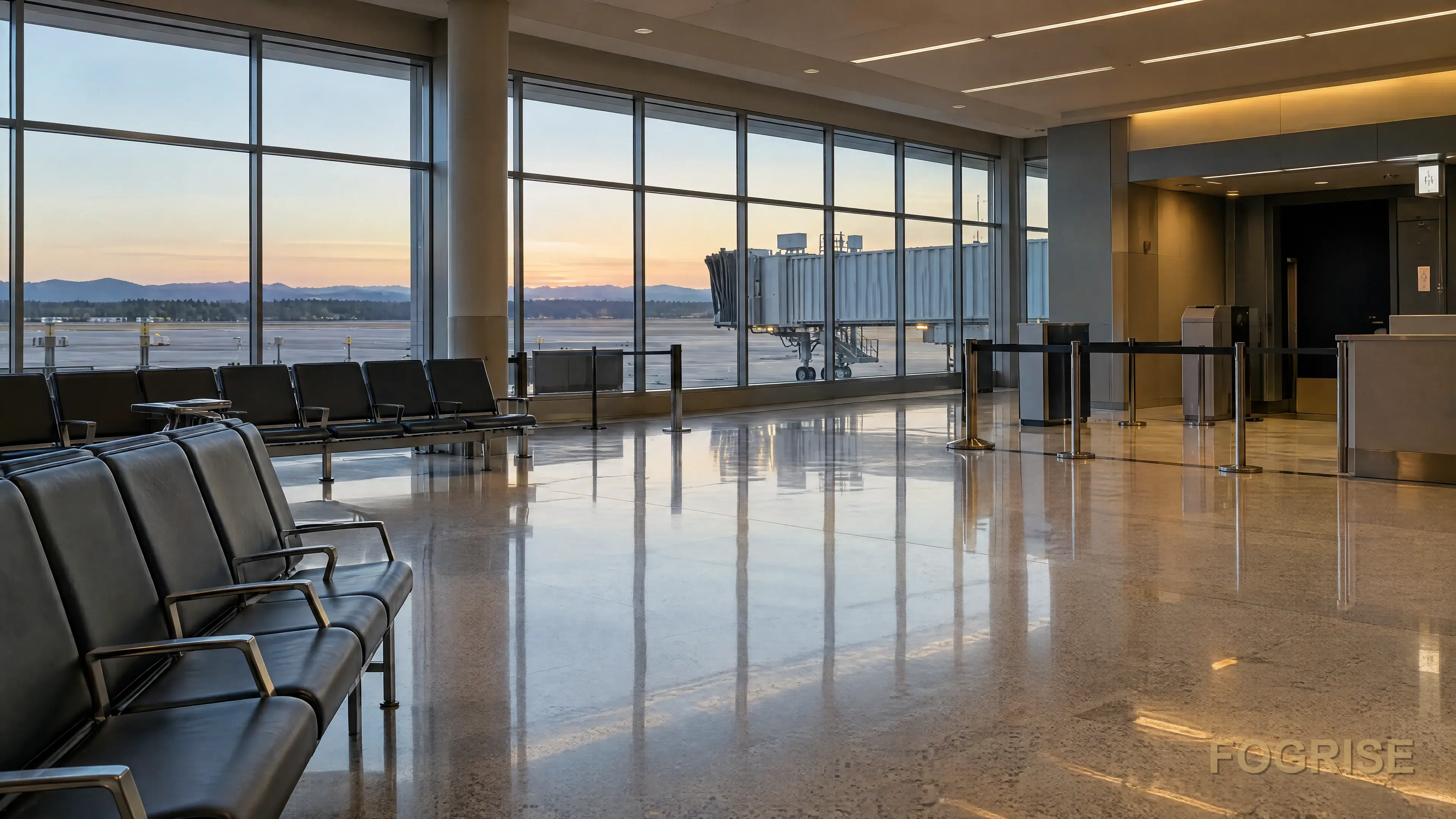 Empty domestic regional-airport gate with a single closed jetway and no international-arrivals or customs infrastructure visible.
