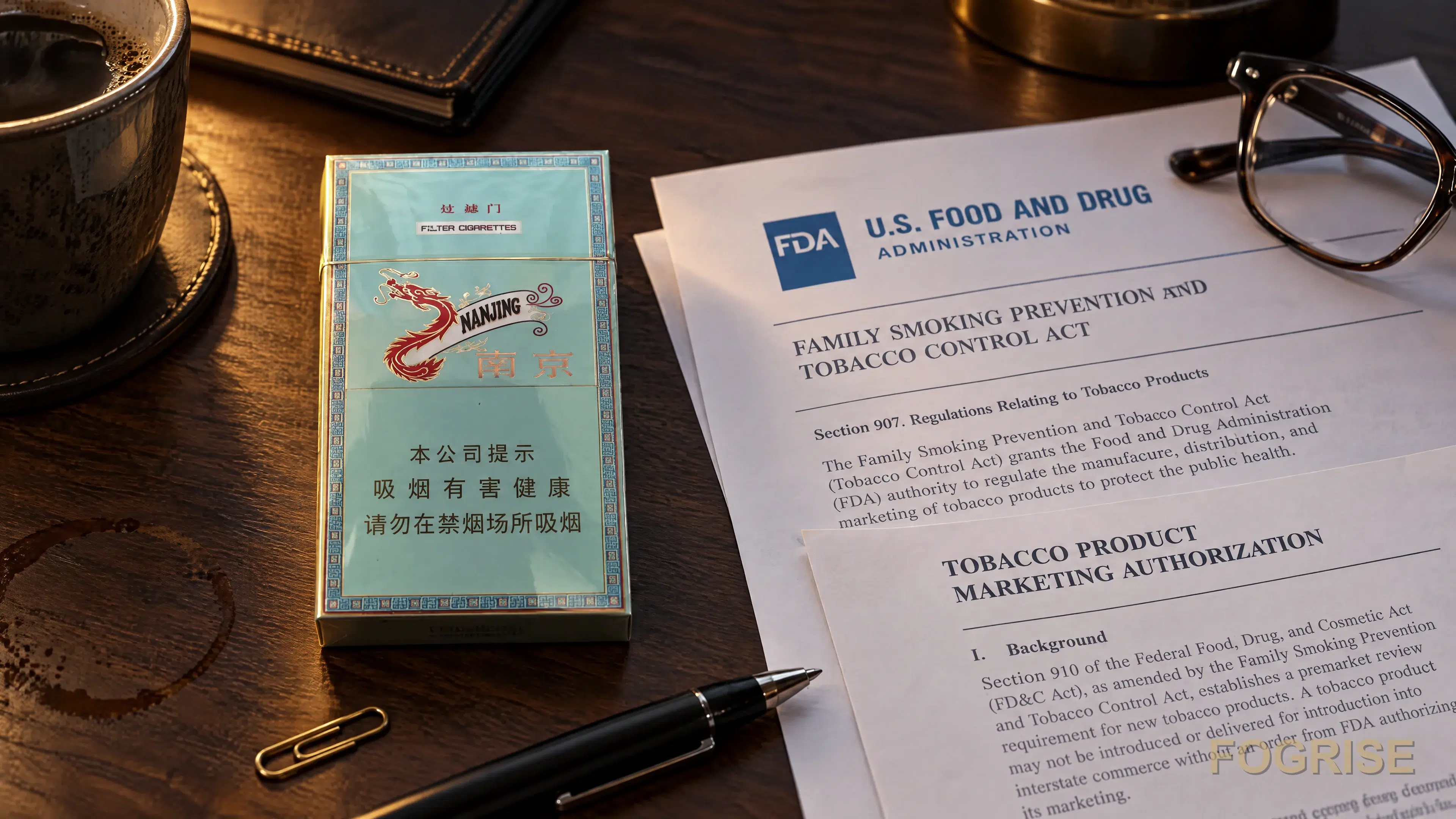 Real Nanjing (南京) hard pack, a Chinese domestic-market SKU with the dragon graphic, on a walnut desk beside printed FDA Family Smoking Prevention and Tobacco Control Act reference pages.