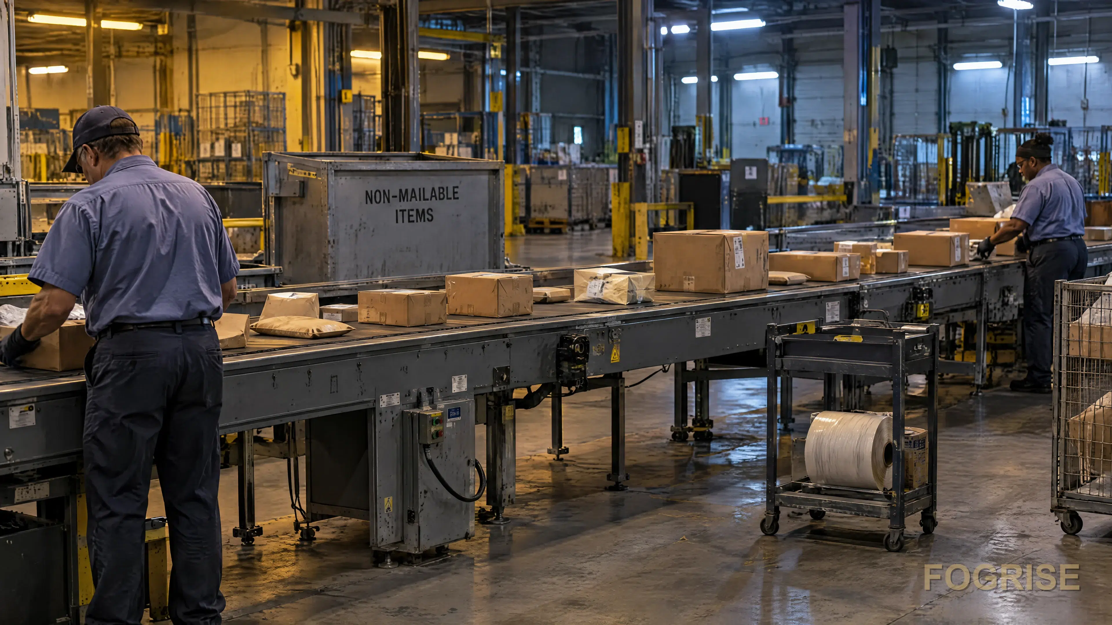 US postal mail-sorting conveyor at night with adult uniformed staff working the belt; documentary postal setting, no tobacco visible.
