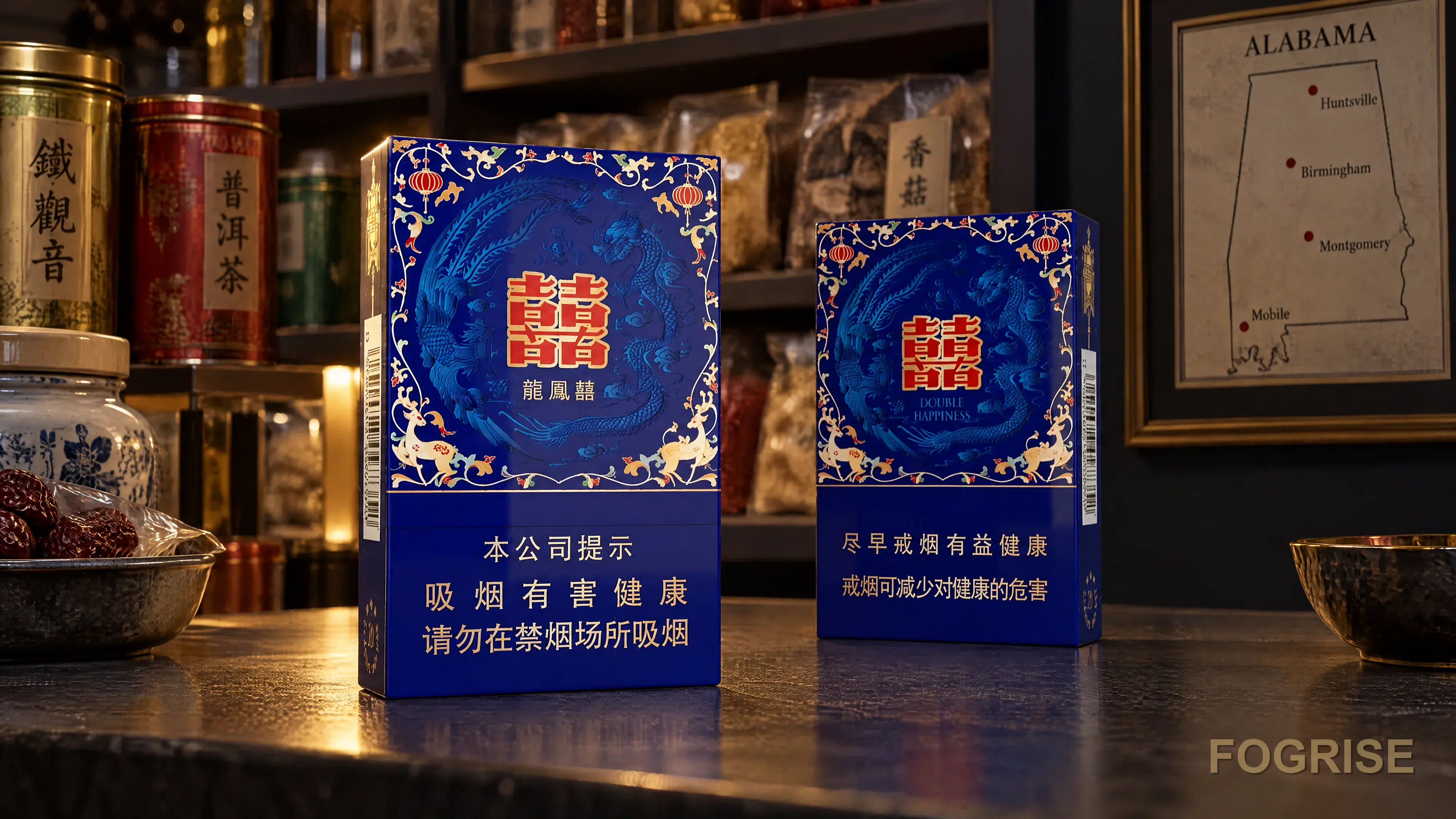 Real Double Happiness cigarette pack on a dark counter in an Asian-specialty grocery interior with a small framed Alabama locator map on the wall behind.